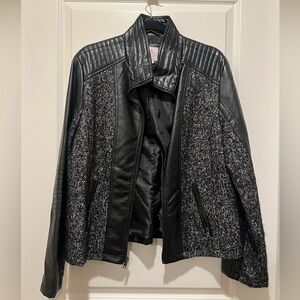 Black and Grey Faux Leather and Tweed Jacket With Shoulder Detail Zip up Collar